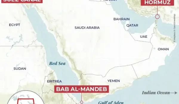 Peta Selat Hormuz yang dikuasai Iran dan Selat Bab al-Mandeb yang diblokade Houthi. Foto/aljazeera