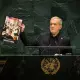Presiden Iran Masoud Pezeshkian saat pidato di podium Sidang Majelis Umum PBB di New York, AS.